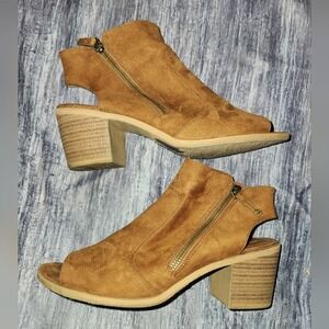 Rocket Dog Women's Open Toe Brown‎ Faux Suede Zipper Heeled Booties Shoes